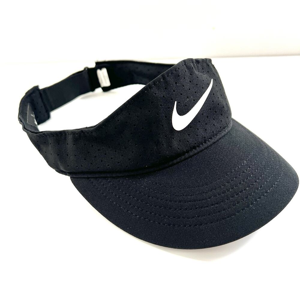 Nike Women Court Dri-Fit Advantage Black White Swoosh Visor Tennis Hat CQ9334